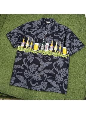 Vintage Aloha Republic Hawaiian Shirt Beer Print Black Made In Hawaii Medium Y2K